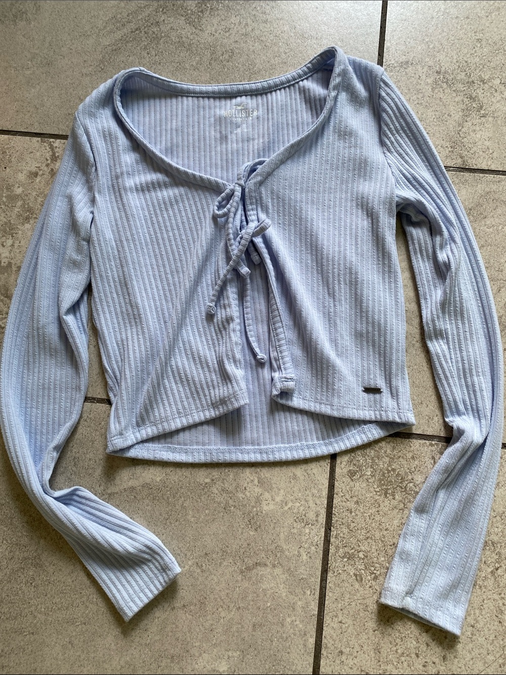 Hollister Pale Blue Ribbed Tie-Front Long Sleeve Top